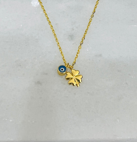 21K Gold Evil Eye & 4 Clover Necklace