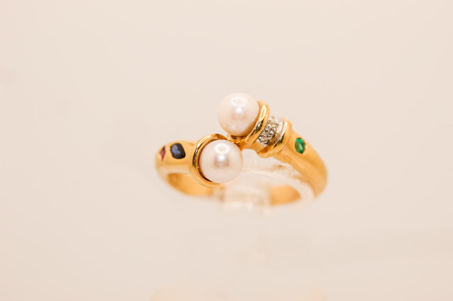 14K Gold Pearl With Ruby Sapphire Emerald And Diamond Ring