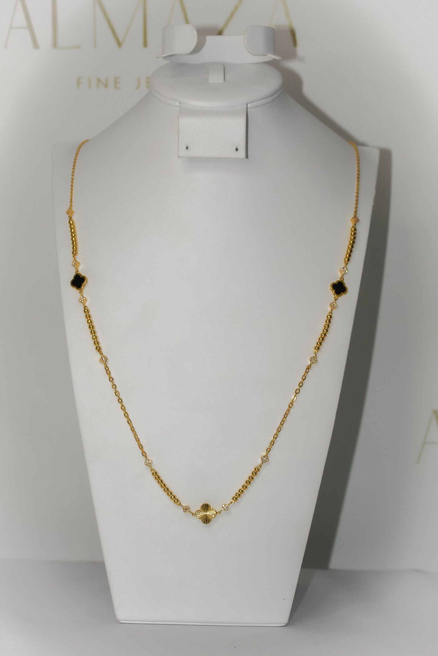 21K Gold Onyx Long Clover Necklace