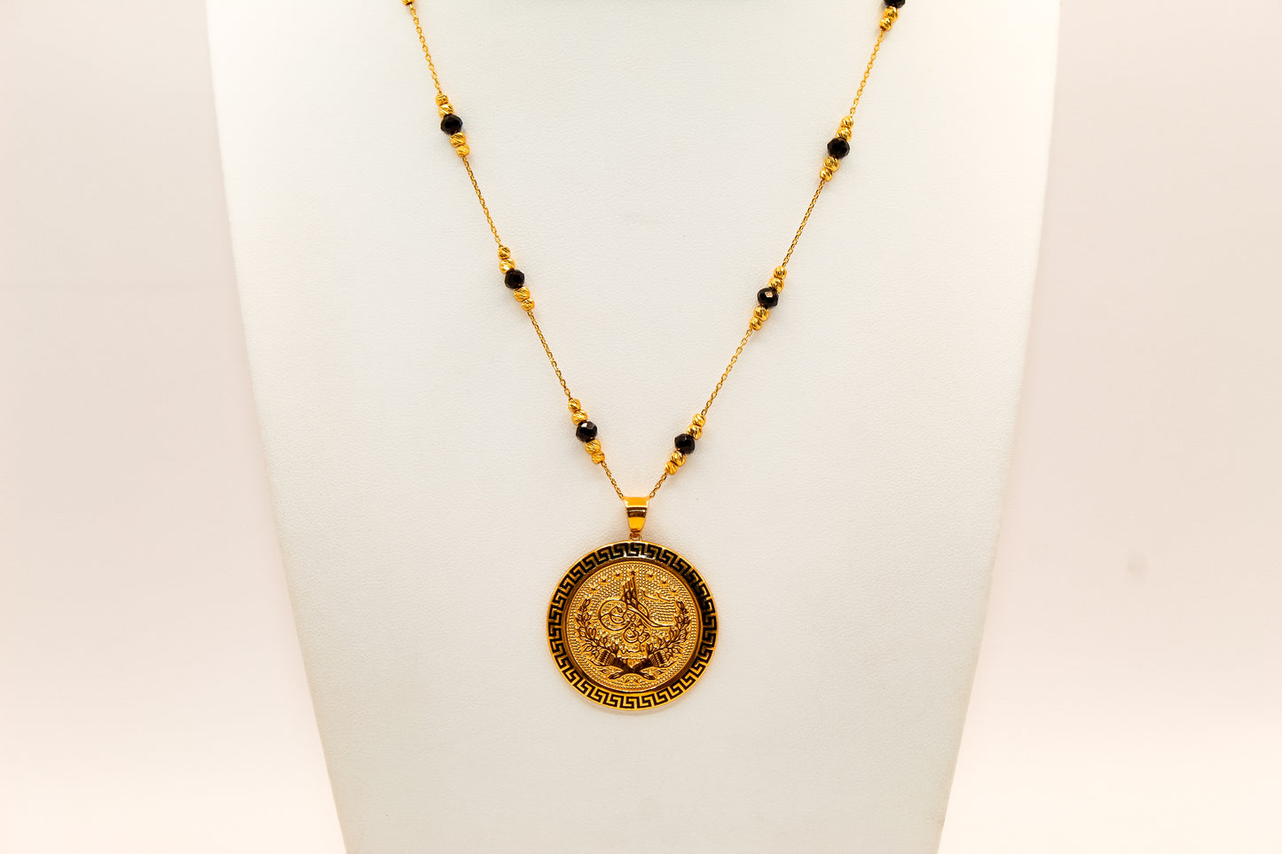 21K Gold Black Bead Coin Necklace