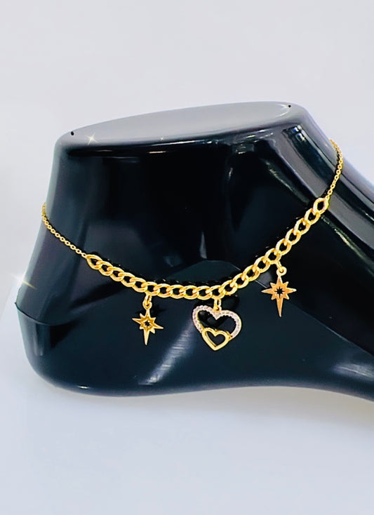 21K Gold Heart And Star Anklet