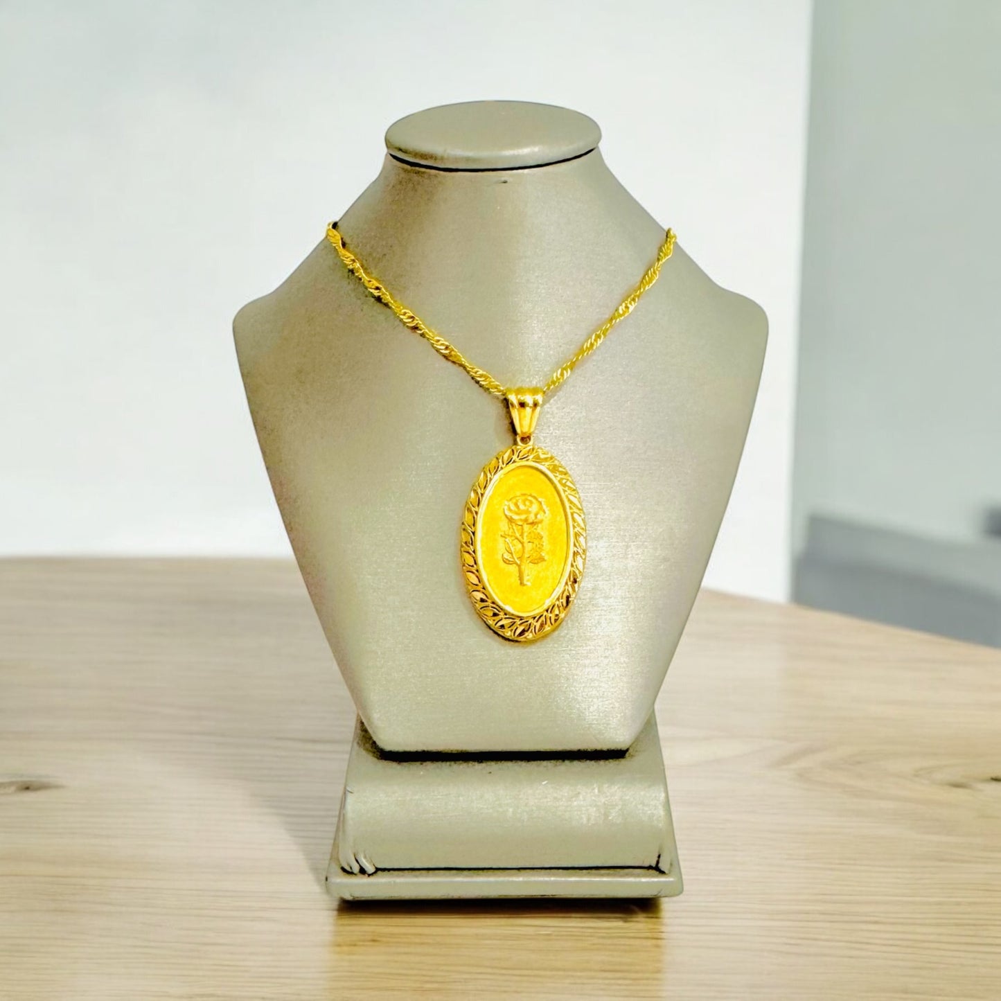 21K Gold Oval Rose Necklace