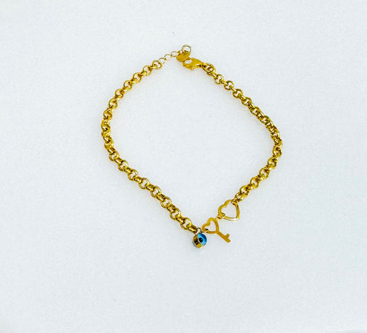21K Evil Eye Heart Key Bracelet