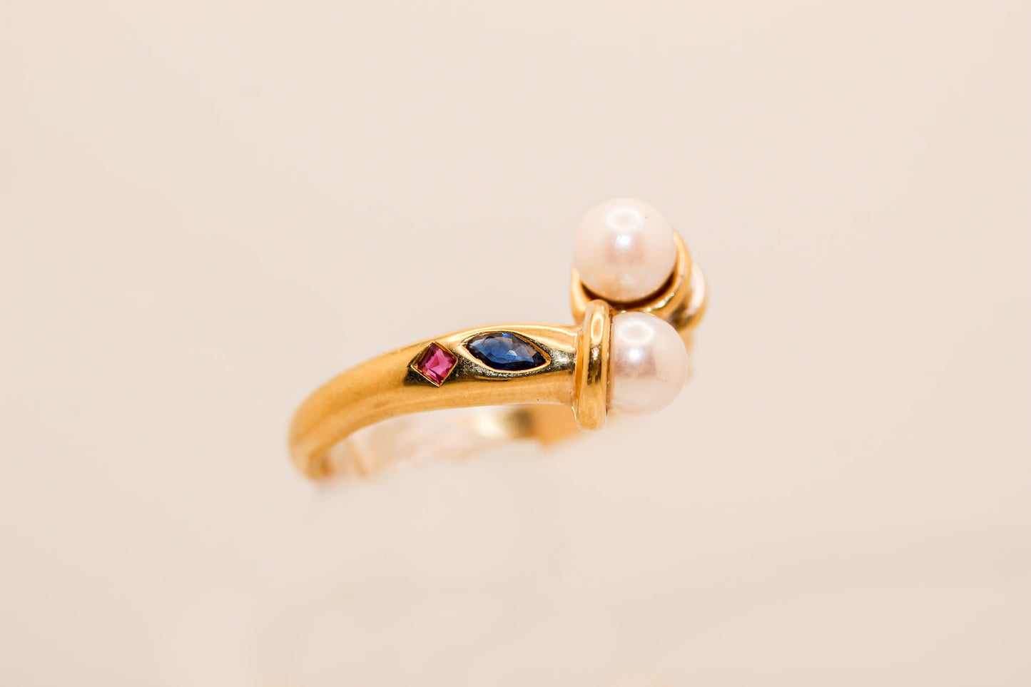 14K Gold Pearl With Ruby Sapphire Emerald And Diamond Ring