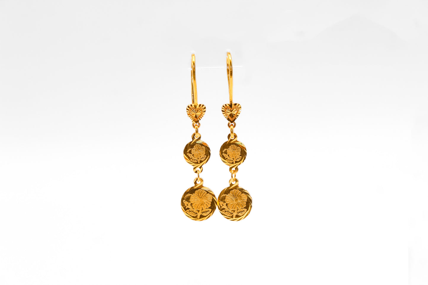 21K Gold Flower Coin Dangle Earrings