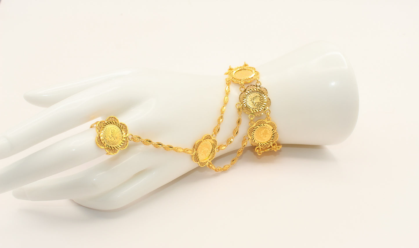 21K Gold Turkish Coin Hand Bracelet