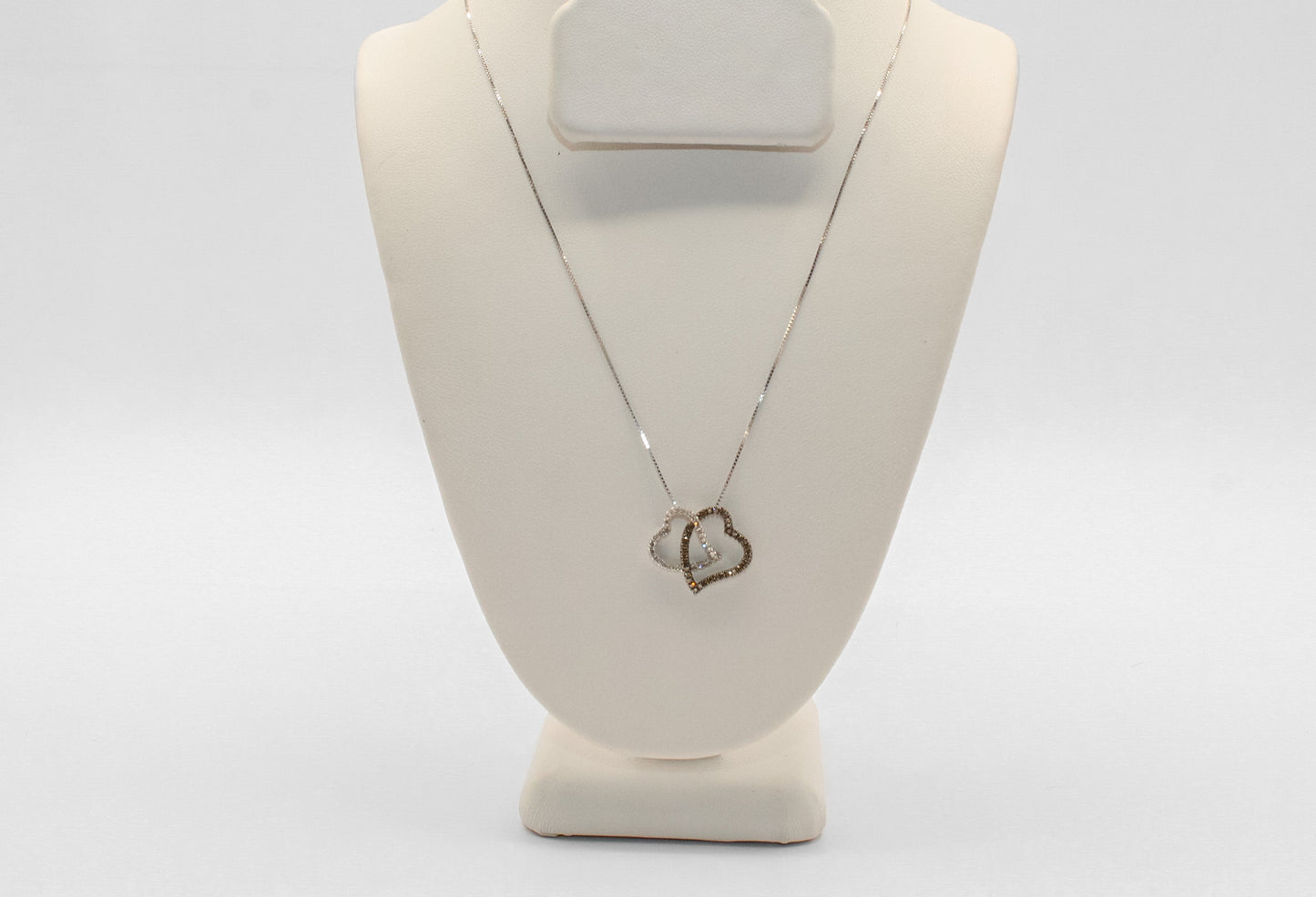 14K White Gold Diamond Black and White Double Heart Necklace