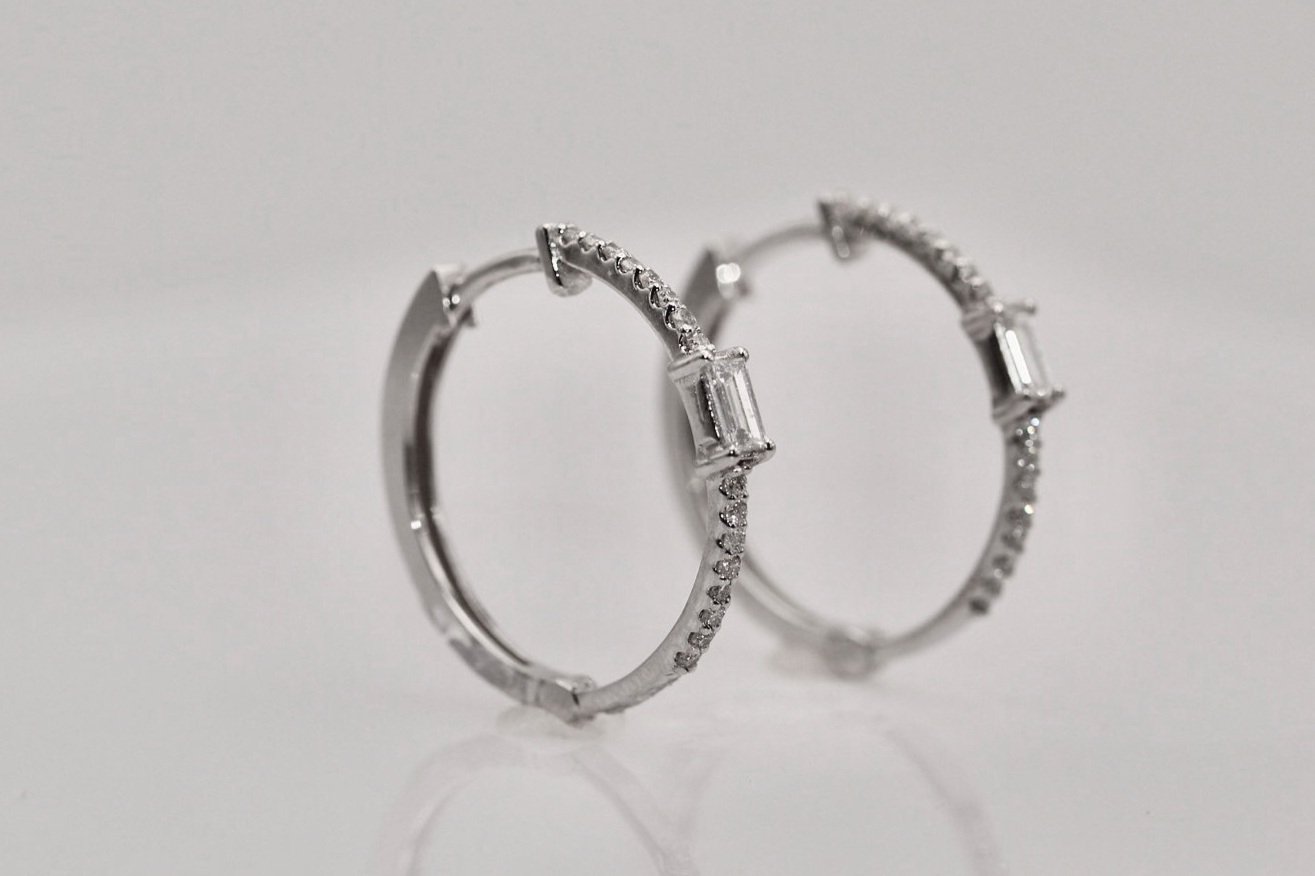 14k White Gold Diamond Hoop Earrings
