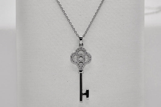 18K White Gold Diamond Key Necklace