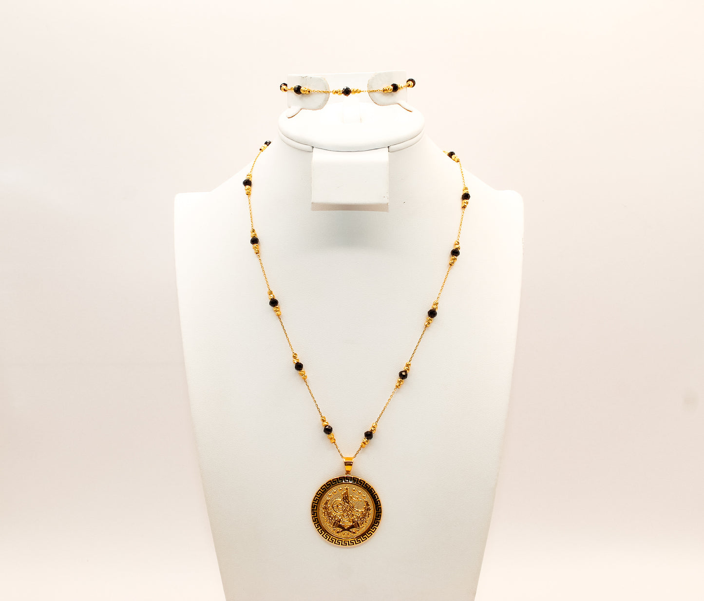 21K Gold Black Bead Coin Necklace