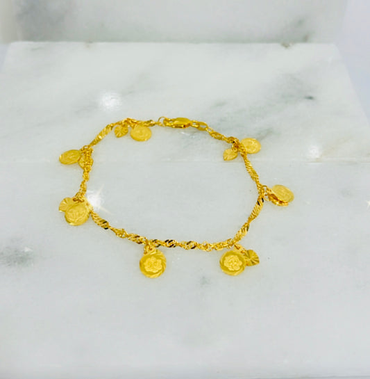 21k Gold Flower Coin And Heart Bracelet