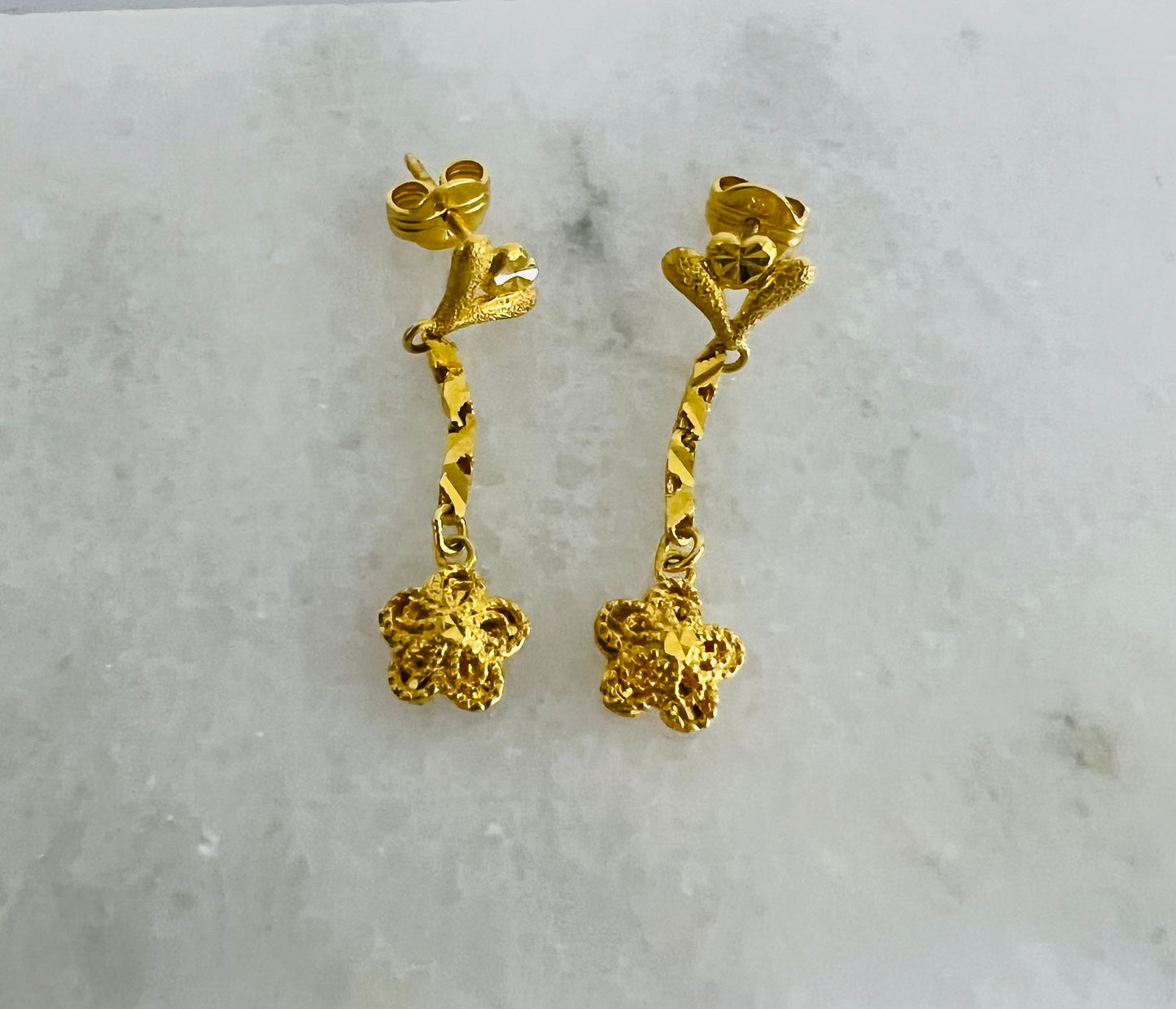 21k Gold Flower Dangle Earrings