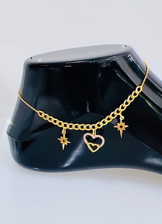 21k Gold Heart And Star Anklet