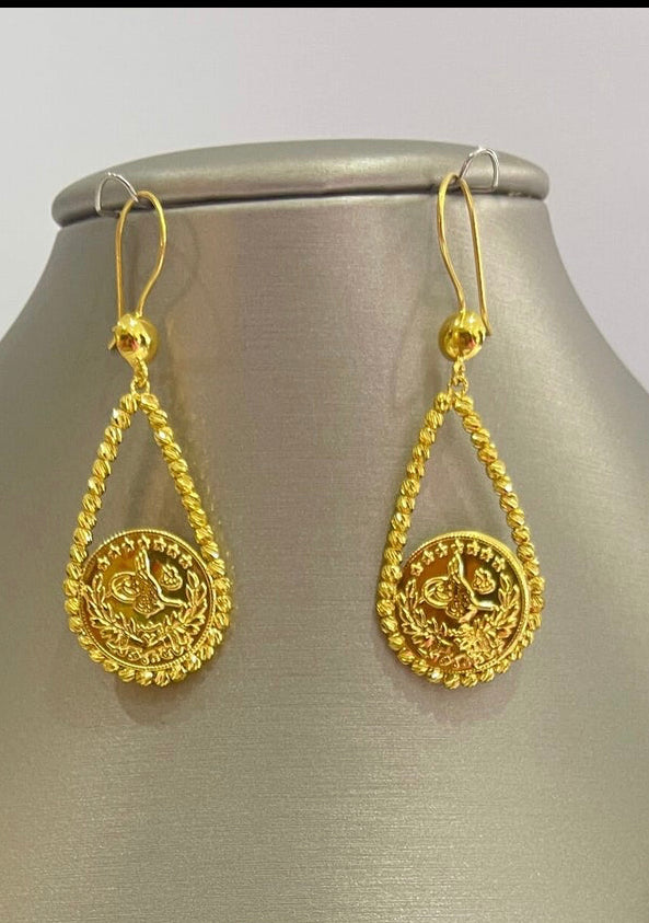 21k Gold Turkish Coin Dangle Earrings