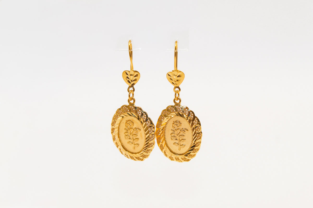 21K Gold Oval Rose Dangle Earrings