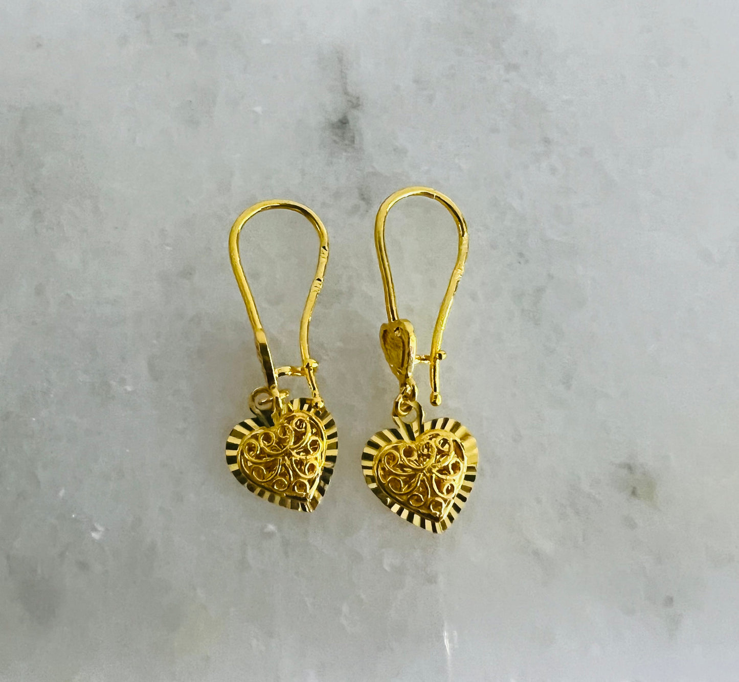 21k Gold Heart Dangle Earrings