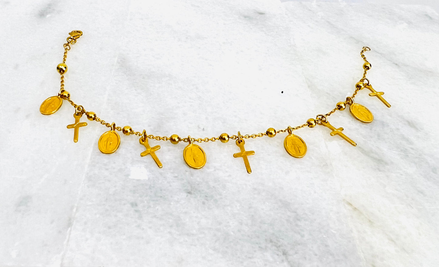 21k Gold Cross And Mother Mary Bracelet