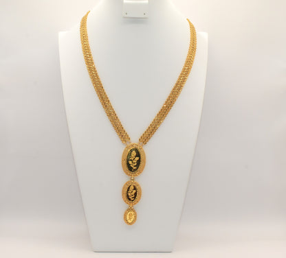 21K Gold Oval 3 Tier Rose Leaf Motif Necklace
