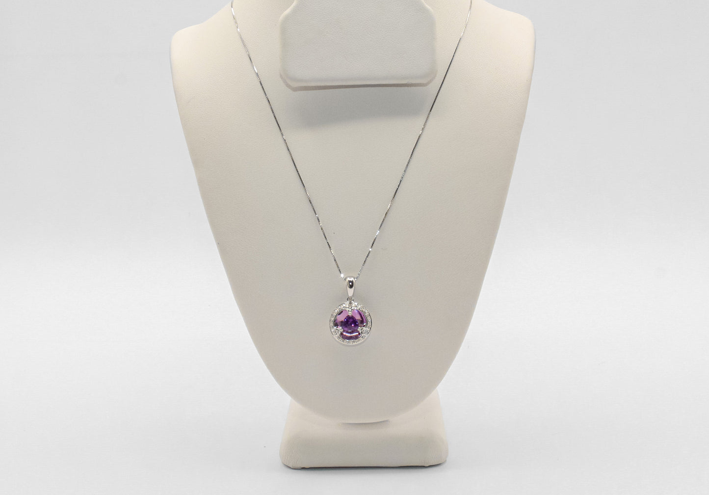 14K White Gold Amethyst and Diamond Halo Necklace