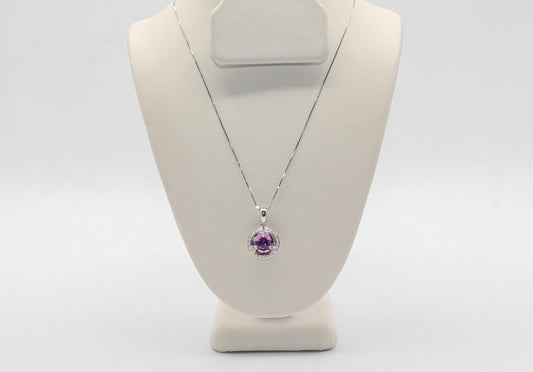 14K White Gold Amethyst and Diamond Halo Necklace