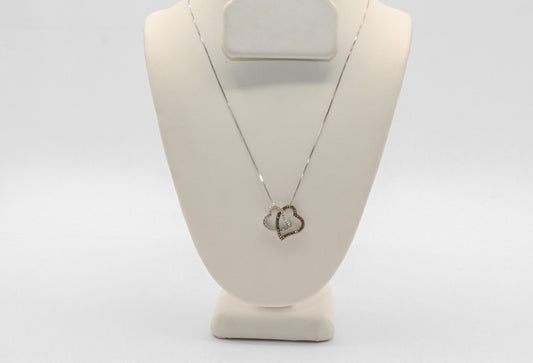 14K White Gold Diamond Black and White Double Heart Necklace