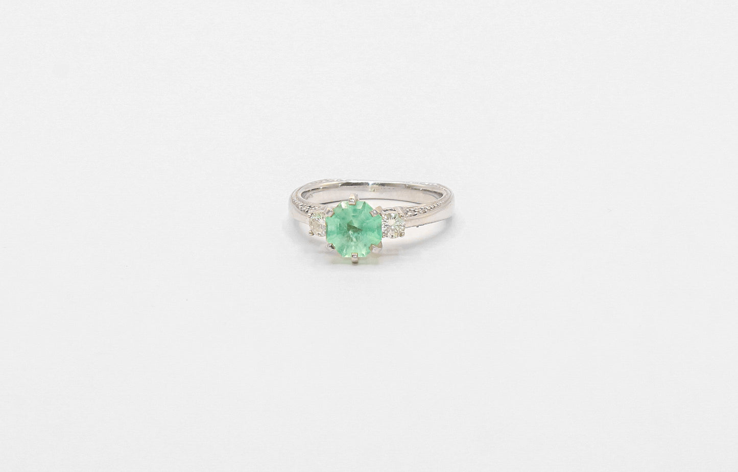 14K White Gold Green Sapphire and Diamond Solitaire Ring