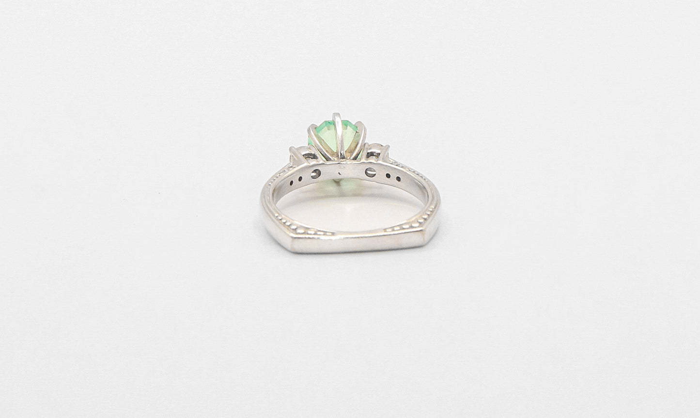 14K White Gold Green Sapphire and Diamond Solitaire Ring