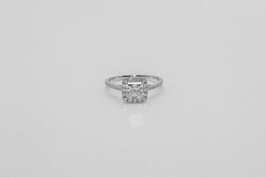 14K White Gold Princess Cut Halo Diamond Solitaire Ring