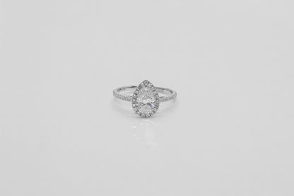 14K White Gold Pear Halo Diamond Solitaire Ring