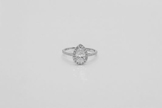 14K White Gold Pear Halo Diamond Solitaire Ring