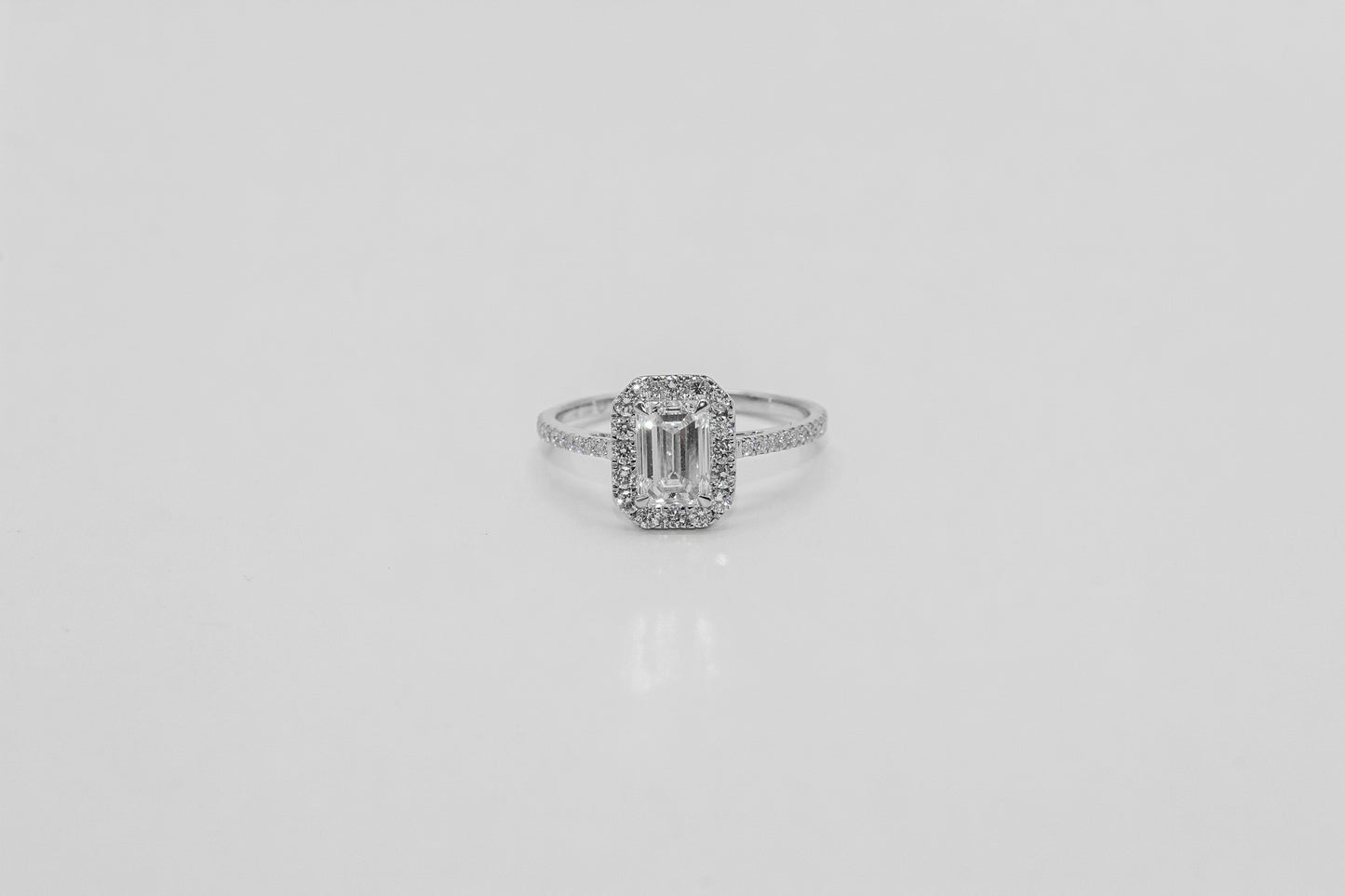 14K White Gold Emerald Cut Halo Diamond Solitaire Ring