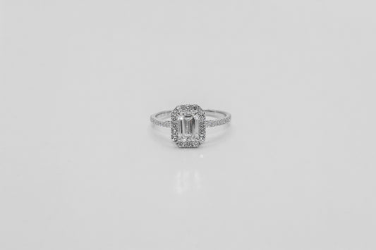 14K White Gold Emerald Cut Halo Diamond Solitaire Ring