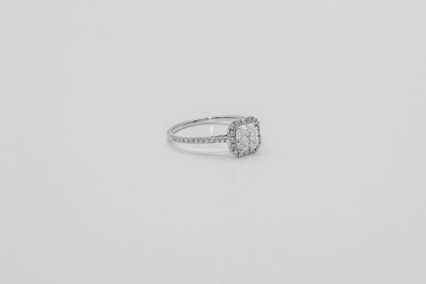 14K White Gold Asher Cut Halo Solitaire Ring